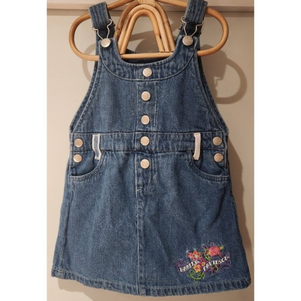 Vintage Harley Davidson Denim Overalls Dress‎ Toddler Girl 4T Embroidered Roses